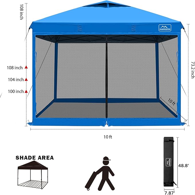 KAMPKEEPER 10x10 Pop-Up Canopy Tent, Waterproof, Portable Shade with Side Walls, Adjustable Instant Outdoor Shelter for Camping, Backyard, and Events, Light Blue