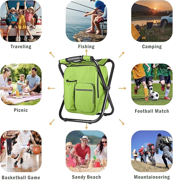 Kikerike Backpack Stool Cooler Chair Heavy Duty 300 LBS Max Load Portable Lightweight Stool Backpack Folding Fishing Cooler Seat for Camping Hunting Fishing - Grass Green