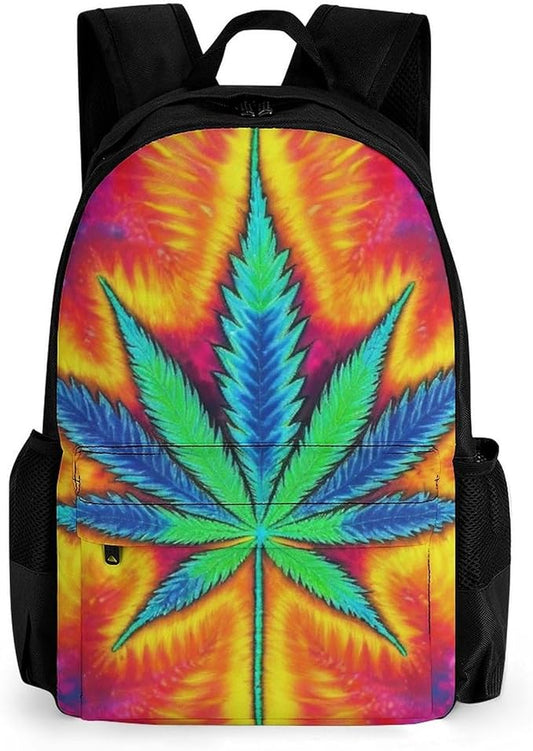 Men Women Polyester Trippy Tie Dye Pot Leaves Weedleaf Leaf Daypack Backpack Large Capacity Carry On Bag With Smooth Zippers for Hiking Picnic Walking Cycling