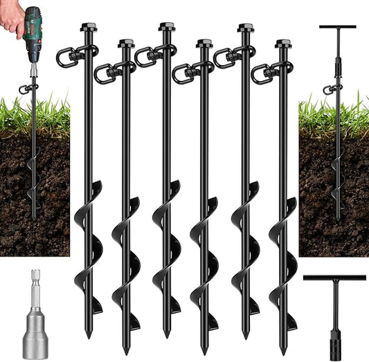 6 Pack Ground Anchor Heavy Duty Earth Anchors with T Handle Hex Wrench & Power Nut Driver, Metal Stakes Ground Anchors Screw in for Swing, Trampoline, Tents, Securing Animals