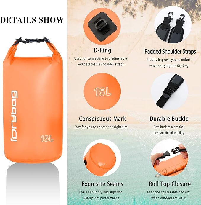 IDRYBAG Clear Dry Bag Waterproof 2L/5L/10L/15L/20L, Small Dry Sack Waterproof Bag for Kayaking