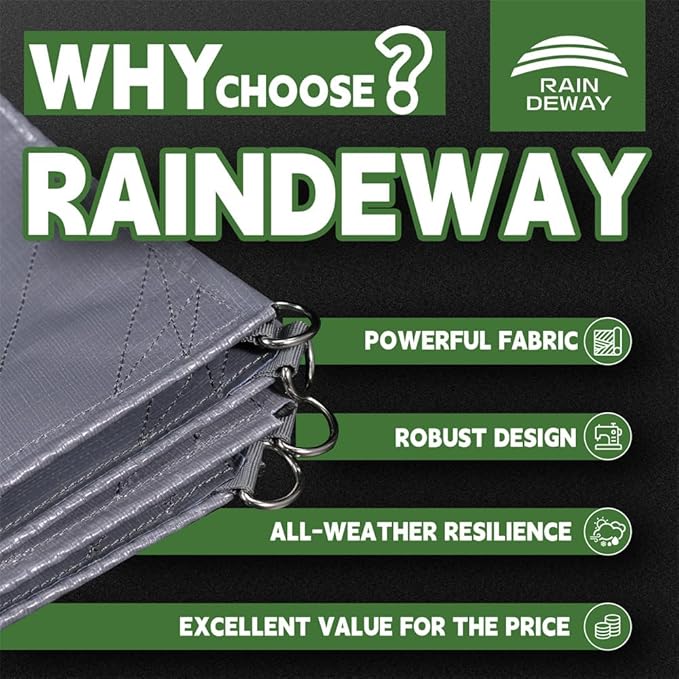 RAINDEWAY Tarps Heavy Duty Waterproof 10x15 Feet -14 Mils Super Heavy Duty Tarp with Metal Rings and Reinforced Corners and Edges, UV Resistant, Multipurpose Poly Tarp,Blue/Gray tarp