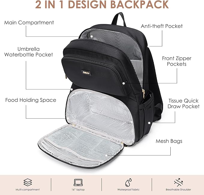 Lunch Backpack for Women Men, 16 Inch Laptop Backpack with Lunch Compartment, Water Resistant Lunchbox Back Pack Meal Prep Cooler Bags Insulated for Nurse Work Teacher Travel