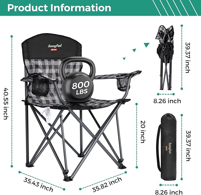SUNNYFEEL Oversized Folding Camping Chair 2 Pack 800 LBS Heavy Duty for Big Tall People Red Padded Portable Collapsible Chairs with Armrest Cup Holder & Pocket for Outdoor Travel Picnic Camp Sports