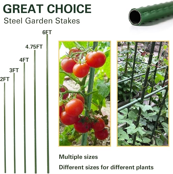 Garden Stakes 4ft, Metal Plant Stakes 48 inch, Sturdy Plant Support for Climbing Plants, Tomatoes, Beans, Cucumbers, Peppers, Flowers, Potted, Strengthen and Stem to Grow Better