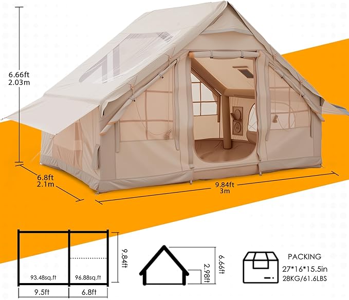 Inflatable Camping Tent Tarps for 4-6 Person, with Electric Air Pump, Extended Canopy, 4 Season Waterproof Windproof, Clear Skylight & 420D Oxford Waterproof, Air Tent with Mesh Windows/Doors
