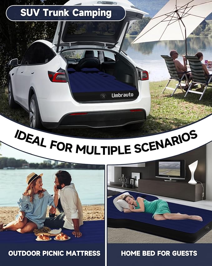 Umbrauto Mattress for Tesla Model Y: Inflatable Camping Air Mattress for SUV Travel, Fodable Sleeping Pad with Air Pump and Storage Bag.Navy, Full