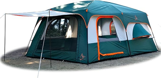 KTT Extra Large Tent 12 Person,Family Cabin Tents,Full Rainfly,2 Bay-Windows,2 Rooms and 3 Doors 3 Windows with Mesh,Waterproof,Straight Wall,Double Layer,Big Tent for Outdoor,Picnic,Camping