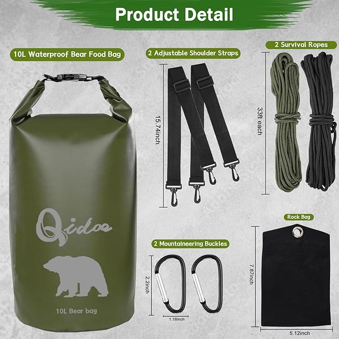 Qidoe Bear Food Bag for Camping Ultralight Food Bags Hanging System 10 L Waterproof Backpack Pulley Systems Includes Waterproof Bag, Nylon Ropes, Hooks for Camping Backpacking