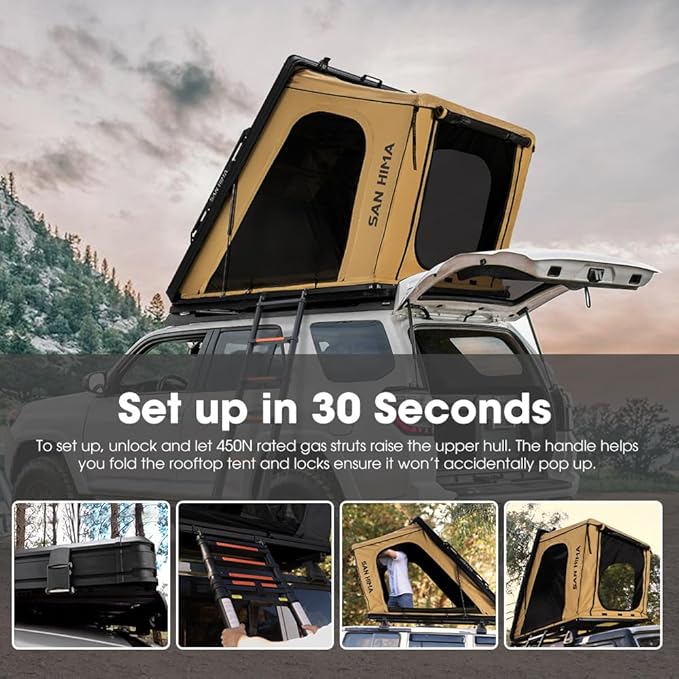 Sanhima Rooftop Tent Hard Shell - Hotham Lite Overland Aluminium Roof Top Tent 4.56" Slimline, w/Tri-Color LED Strip Light & 1.97” Thick Mattress, for Car SUV Truck Camping, 2-3 People