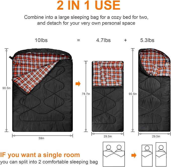AGEMORE Cotton Flannel Double Sleeping Bags for Adults, Cold Weather Waterproof Queen Size Sleeping Bag, 2 Person Double Wide Warm Sleeping Bag for Family or Couples Outdoor Camping or RV Traveling