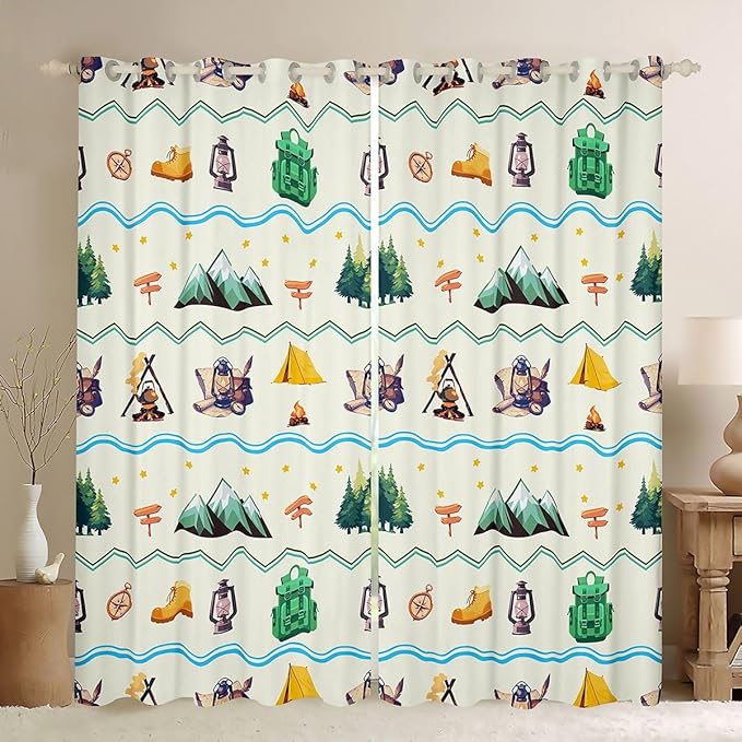 Happy Camping Adventure Kids Blackout Curtains,Tent Bonfire Campfire Camper RV Window Drapes,Star Pine Tree Mountain Natural Nursery Bedroom Playroom Decor,Beige 2 Panels,38Wx54L inch