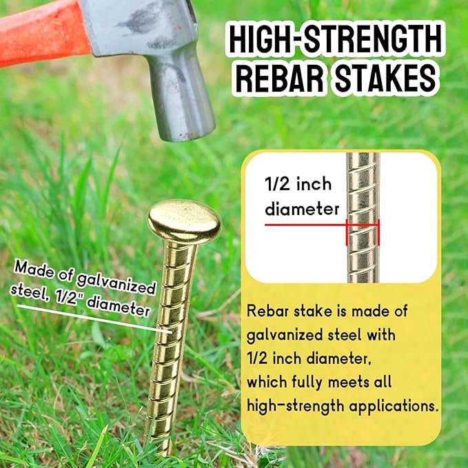 16 Inch Rebar Stakes - 1/2 Inch Diameter Galvanized Steel Ground Anchors - Heavy Duty Plant Support Garden Stake for Speed Bump, Wheel Stop, Tent (20 Pack)