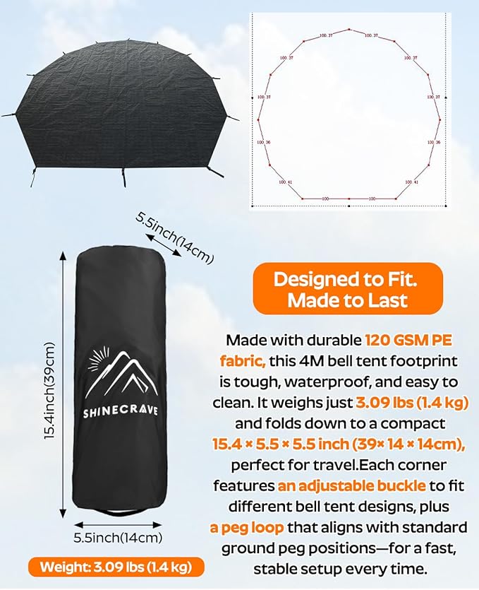 Bell Tent Footprint, Waterproof PU5000mm, Upgraded Material 120gsm PE Round Tarp Groundsheet, Tent Floor Mat Rug Tarp Carpet Groundsheet for Canvas Yurt Tent Accessories, Camping & Hiking