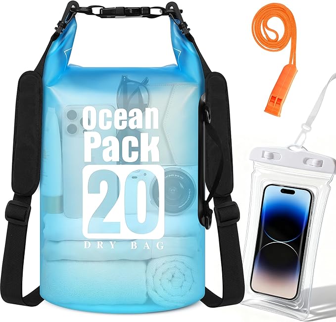 Dry Bag Waterproof, Roll Top Small Waterproof Backpack 20L, Floating Lightweight Bag with Water Proof Phone Pouch for Kayaking, Paddle Boarding, Boating, Fishing, Swimming