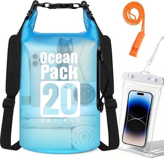 Dry Bag Waterproof, Roll Top Small Waterproof Backpack 20L, Floating Lightweight Bag with Water Proof Phone Pouch for Kayaking, Paddle Boarding, Boating, Fishing, Swimming