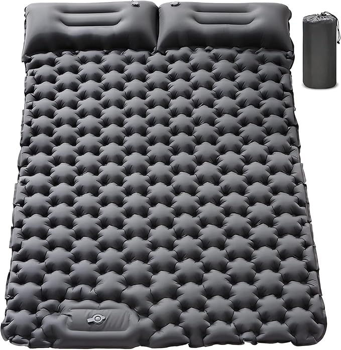 Inflatable Double Camping Mat with Pillow, Build-in Foot Pump Ultralight Sleeping Air Matress Pad for 2 Person, Portable Bed Compact for Camping Hiking Backpacking Outdoor (Grey, Double)
