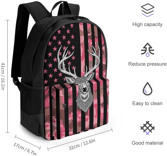 Lightweight Daypack Bookbag for Trekking Business Walking Cycling, Big Capacity Anti-Theft Multipurpose Carry On Bag, Pink Camouflage American Flag Hunting Camo Deer Business Computer Bag