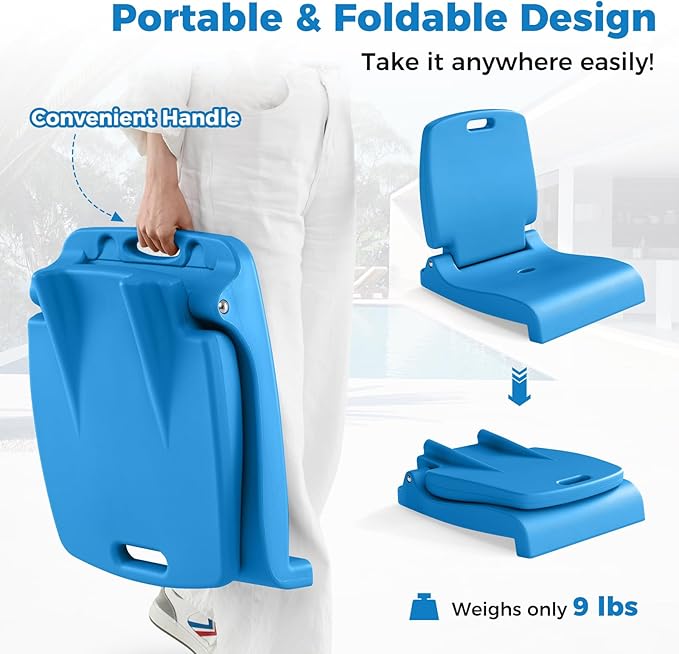GYMAX Foldable Poolside Chairs for Edge of Pool, Portable Pool Chair with Handle, Drainage Hole, Lightweight Folding Flip Seat for Beaches, Camping, Fishing, Tailgating, Lawn (Blue,1)
