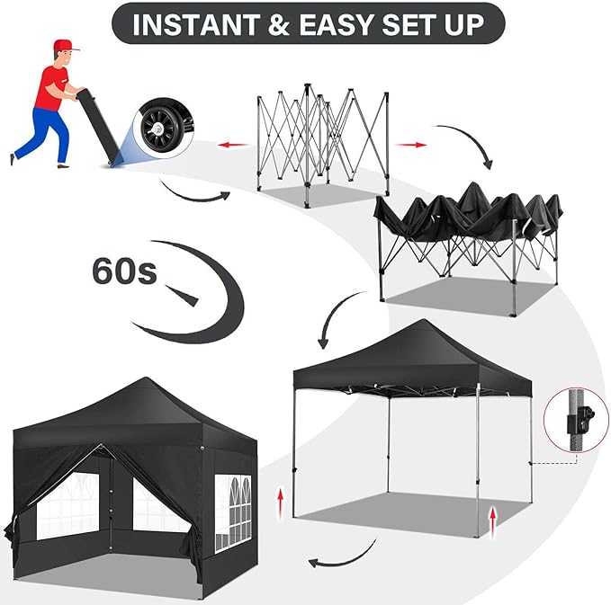 COBIZI 10x10 Pop Up Canopy Tent 10x10 Canopy with 4 Sidewalls Waterproof Heavy Duty Commercial Canopy Tent for Parties Outdoor Tent Garden Gazebo Tent, Carry Bag with Wheel(10x10ft, Black)