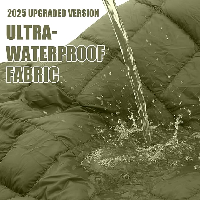 Hooded Down Camping Blanket Waterproof 650 Fill Puffy Poncho Blanket 77" x 50" Packable Wearable Sleeping Bag with Detachable Hat Outdoor Stadium Camping Cold Weather, 1.36 lb(Olive Green)