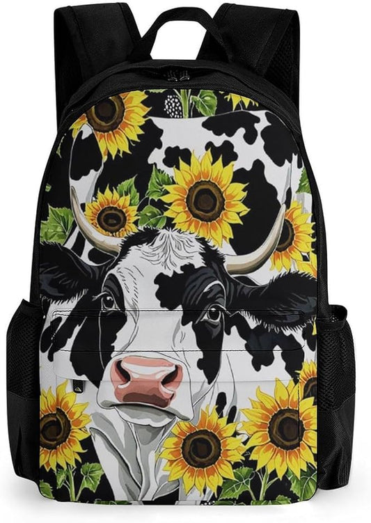 Supdreamc Polyester Daypack for Camping Travel Walking Cycling, Big Capacity Anti-Theft Multipurpose Bookbag, Farm Cow Sunflower Print Camping Outdoor Backpack