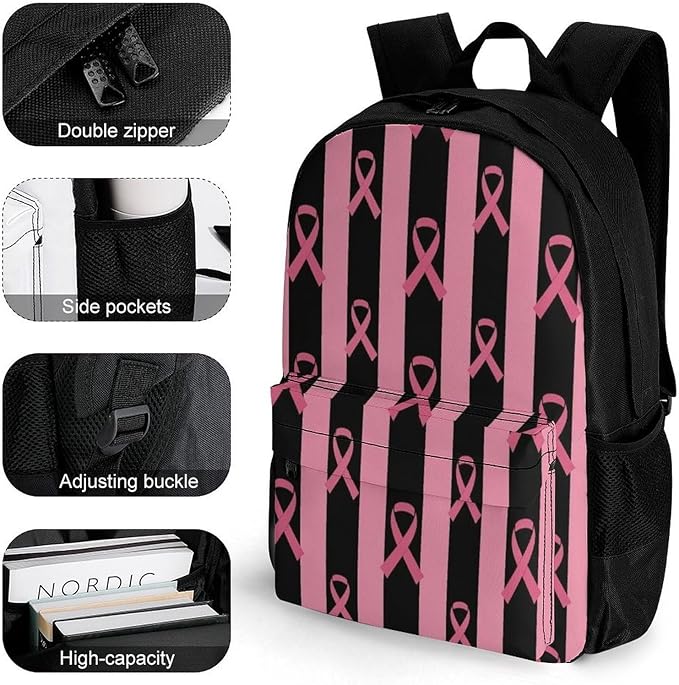 Lightweight Rucksack for Sports Travel Running, Big Capacity Multipurpose Anti-Theft Bookbag, Breast Cancer Awareness Stripes Ribbon Black Travel and Sport Backpack Rucksack