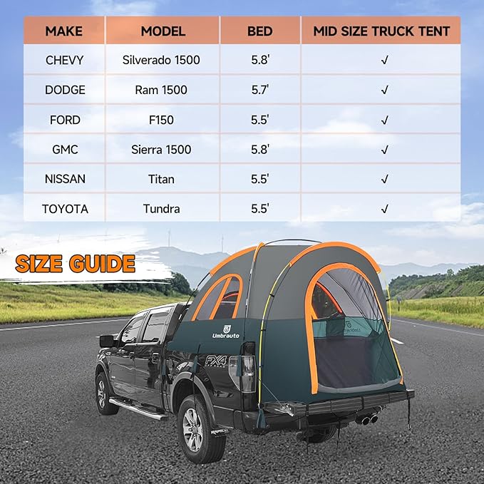 Truck Bed Tent 5.5-6ft: Easy Set Up Umburato Pickup Truck Tents for Camping, Waterproof PU3000mm Canopy for Truck Camper, Portable, Spacious for 2 Person Green