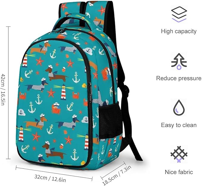 Water Resistant Laptop Backpack Dachshund Nautical Dog Pattern, Business Anti Theft Computer Bag with Water Bottle Pockets for College Men Women