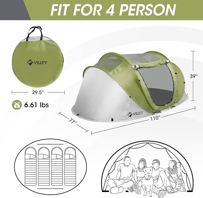 VILLEY 4 Person Easy Pop Up Tent, Waterproof Automatic Setup Instant Lightweight Camping Beach Tent with Carrying Bag for Camping, Hiking & Traveling