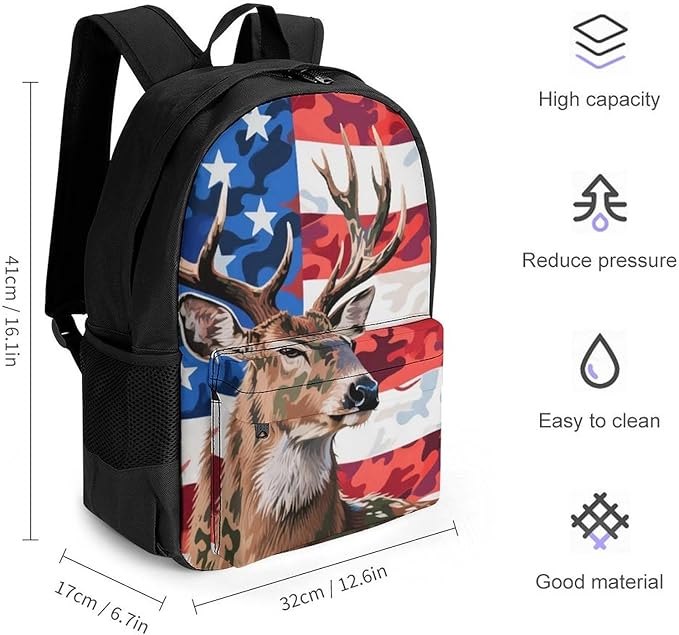 Men Women Lightweight American Flag Camo Deer Camouflage Art Daypack Bookbag Big Capacity Carry On Bag With Side Pockets for Camping Travel Bicycle