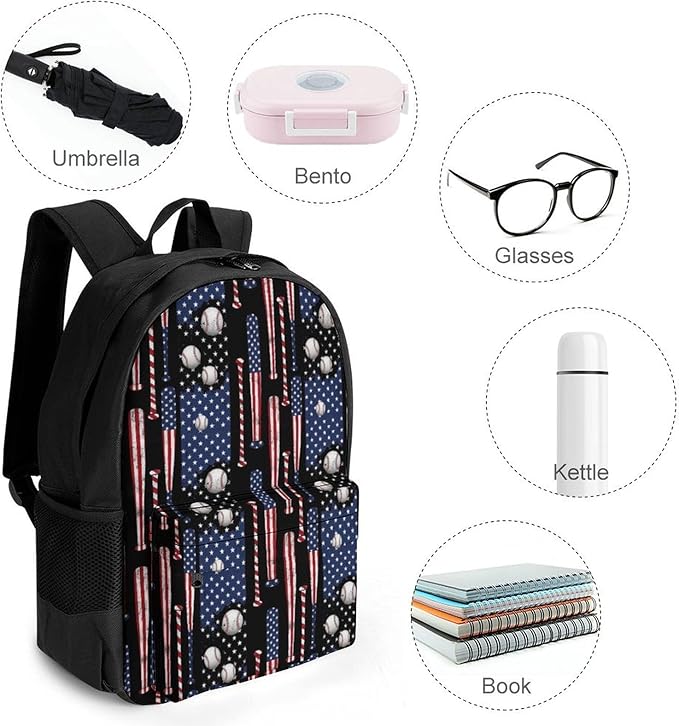 Daypack Backpack Polyester Multipurpose Anti-Theft Vintage Patriotic Usa American Flag Baseball Art Shoulder Bag Big Capacity Gym Outdoor Hiking Backpack With Smooth Zippers