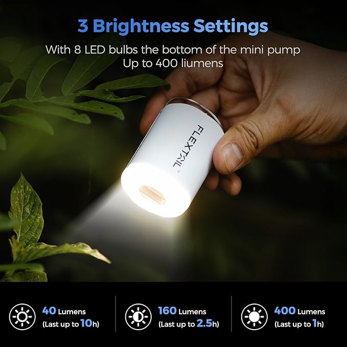 FLEXTAILGEAR Portable Air Pump with Camping Lantern Tiny Pump 2X 4kPa Air Pump for Inflatables Rechargeable Air Mattress Pump with Magnetic Design for Sleeping Pads, Pool Floats, Swimming Rings(White)