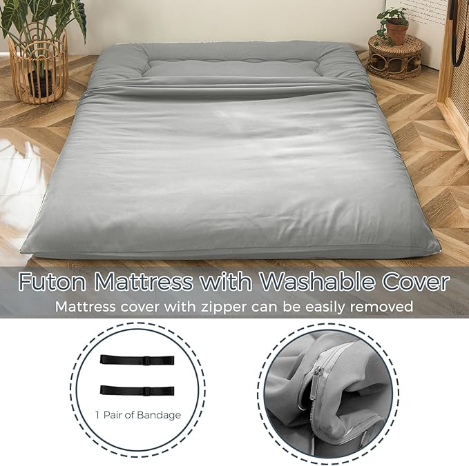 MAXYOYO 6" Extra Thick Japanese Floor Mattress Futon Mattress, Foldable Tatami Pad for Adults, Roll Up Floor Bed for Guest Room Bedroom RV, Grey, Twin