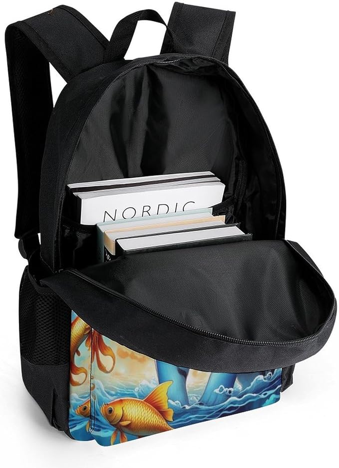 Daypack Backpack Anti-Theft Multipurpose Big Capacity Bookbag, Trippy Tiger Goldfish Business Computer Bag With Side Pockets