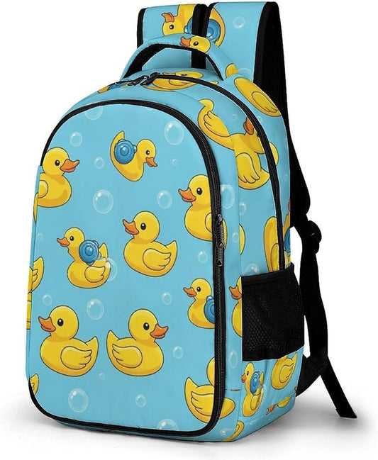 Cute College Laptop Backpack Cute Funny Blue Bubbles Yellow Rubber Ducks, Sturdy Travel Business Bag with Tumbler Holder Gifts for Nurse Teacher Women