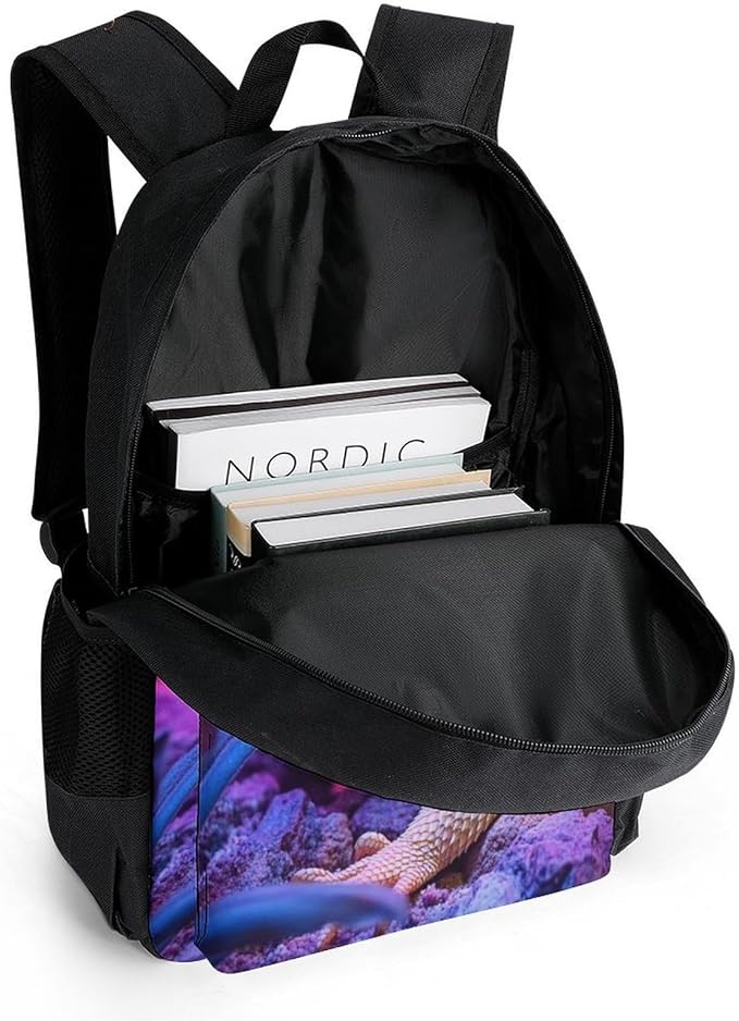 Daypack Backpack Multipurpose Anti-Theft Large Capacity Bookbag, Purple Art Cool Bearded Dragon Lizards Travel Hiking Camping Rucksack With Adjustable Shoulder Straps