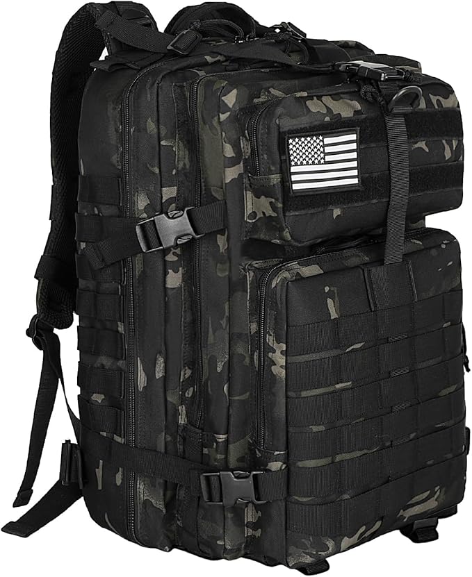WOLT Military Tactical Backpack for Men 45L Molle Backpack 3 Day Assault Pack Bug Out Bag, Heavy Duty Rucksack for Hiking Gym, Camouflage Black