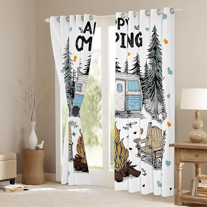 Feelyou Camping Camper Rv Curtains for Bedroom Living Room Happy Camping Blackout Shades Rustic Farmhouse Room Darkening Curtain Window Treatments, 2 Panels 52 x 84 Inch Decor