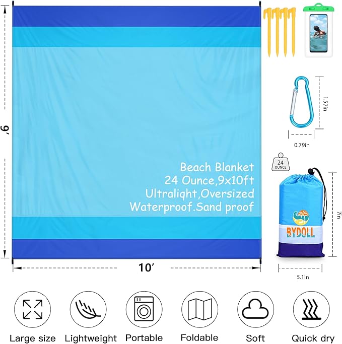 BYDOLL Beach Blanket Waterproof Sandproof Large 78''×81''/10'×9' Sand Free Oversized Sandless Picnic Mat Water Proof Packable Lightweight Blanket for Beach Camping Hiking Travel