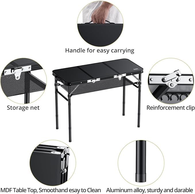Folding Camping Table with Storage Net, 3ft Camping Table Aluminum Folding Table with 3 Adjustable Height Max 27.5 Inch Picnic Table Portable Table for Outdoor Backyard BBQ, Pure Black
