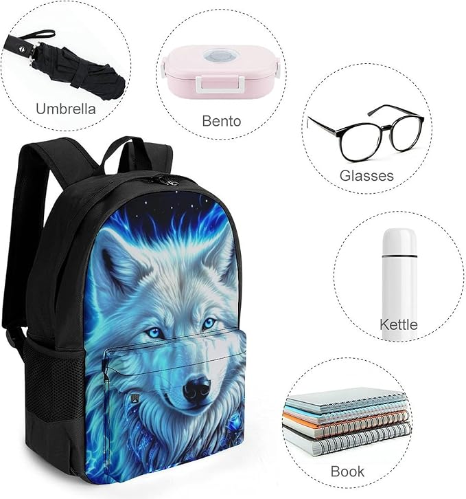 Rucksack Anti-Theft Multipurpose Big Capacity Carry On Bag, White Galaxy Wolf With Blue Rose Traveling Camping Backpack With Side Pockets