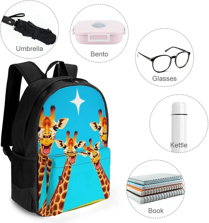 Supdreamc Polyester Daypack Backpack for Trekking Picnic Walking Cycling, Large Capacity Anti-Theft Multipurpose Shoulder Bag, Giraffe Selfie Casual Daypack