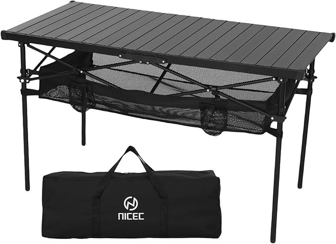 Nice C Portable Folding Camping Table, Aluminum Lightweight Roll-up Top Indoor&Outdoor Table, with Mesh Net, Cup Holder, Carry Bag, Steel Frame, for Camping, Sports, BBQ, Picnic (Black)
