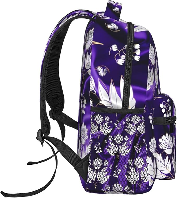 Men Women Polyester Aloha Hawaiian Purple Floral Art Daypack Bookbag Big Capacity Shoulder Bag With Padded Straps for Climbing Travel Walking Cycling