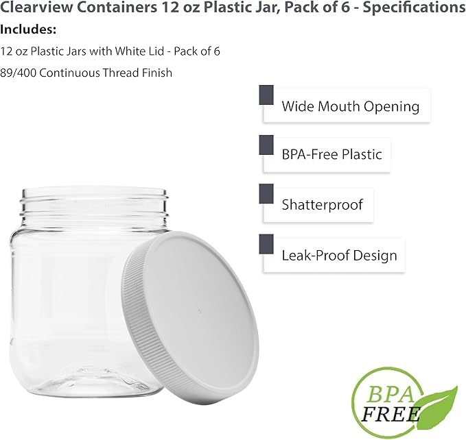 Plastic Storage Jars with Leak Proof Lids, BPA Free, Hand Wash Only (12oz Jar, 6PK)