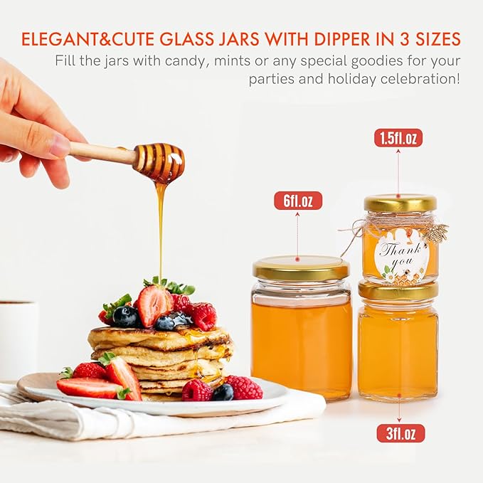 AuroTrends 6oz Glass Small Jars with Lids 30Pack, Honey Jars in Bulk for Baby Shower Favors/Wedding Favors -Small Canning Jars with Wooden Dippers/Bee Charms/Stickers/Jute Twine (6fl.oz-30Pack)