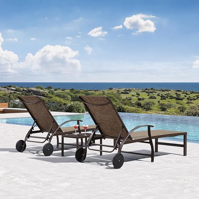 PURPLE LEAF Outdoor Chaise Lounge Chair Set of 3 Patio Pool Lounger Aluminum Chairs with Side Table and Wheels Adjustable Tanning Recliner for Outside Backyard Yard Deck Balcony Beach Brown