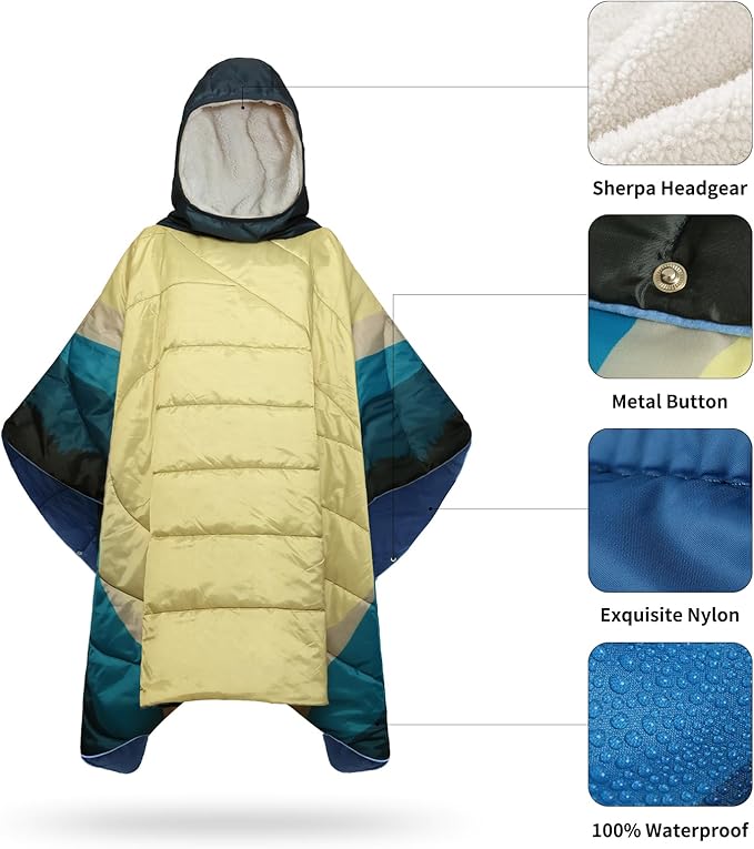 Camping Blanket, Poncho Wearable Hoodie Blankets Outdoor Waterproof Windproof