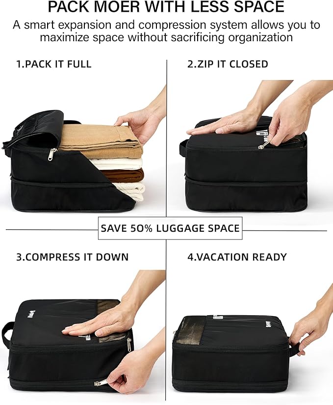 Hanke 7 Piece Expandable Compression Packing Cubes, Premium Travel Packing Organizers for Suitcases/Carry On, Luggage Organizer Bags with Breathable Mesh & Label,Black